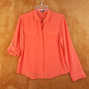 ANN TAYLOR Womens Top Petite Size 6 Orange Button Up Shirt Roll Tab Sleeve Silky